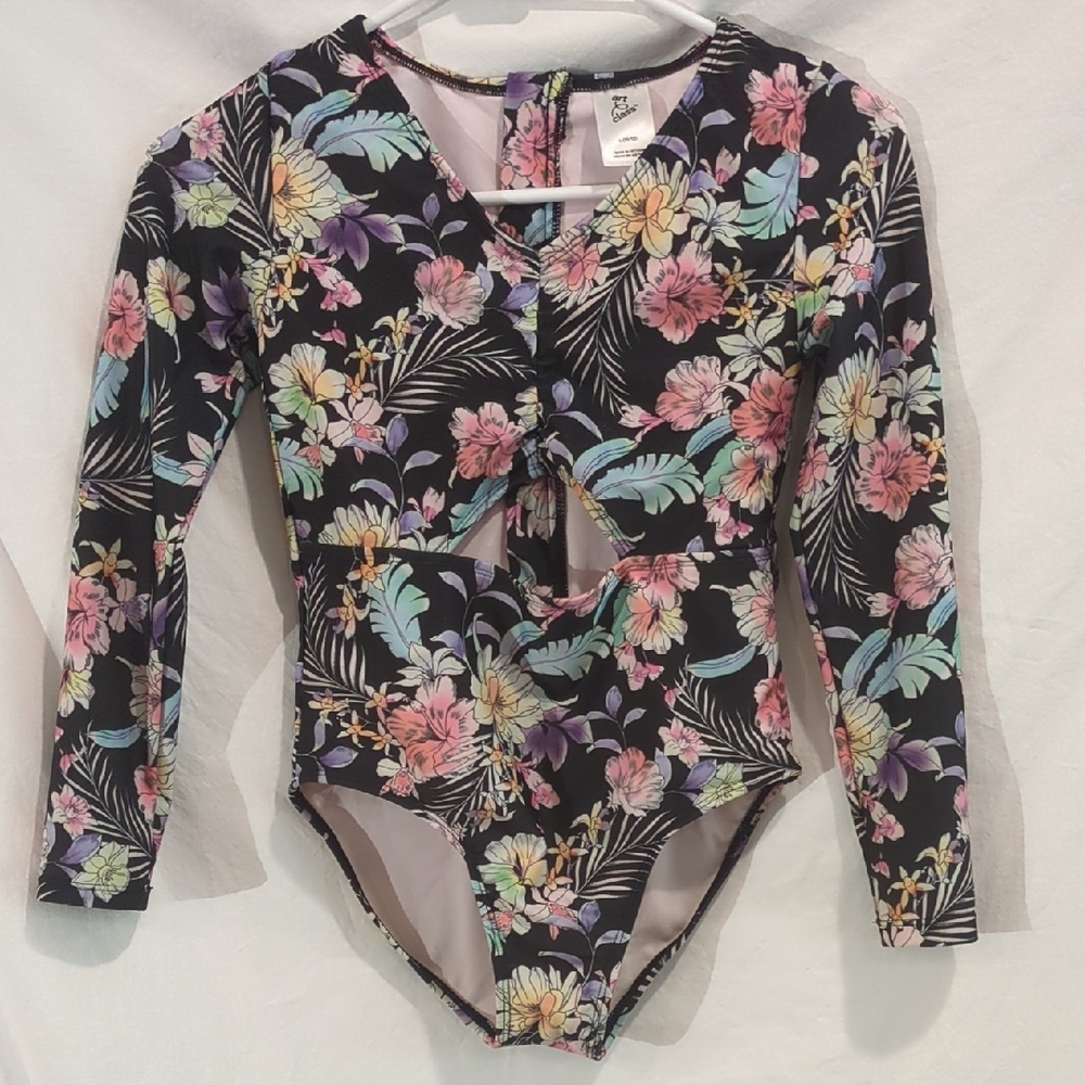 Art Class | Swimsuit Long Sleeve One Piece With Peek-a-boo Tummy Black | L
